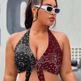 Swim Curve Bikini Plus Size sin respaldo de cuello halter, todo impreso con contraste de colores para ropa de playa en el verano