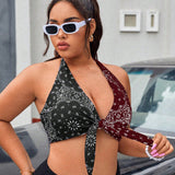 Swim Curve Bikini Plus Size sin respaldo de cuello halter, todo impreso con contraste de colores para ropa de playa en el verano