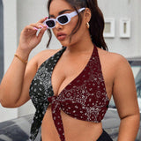 Swim Curve Bikini Plus Size sin respaldo de cuello halter, todo impreso con contraste de colores para ropa de playa en el verano