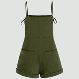 Women Summer Solid Color Strap Pocket Overall Shorts