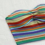 WYWH Blusa tejida para vacaciones para mujer con rayas arco iris y pliegues en el pecho