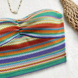WYWH Blusa tejida para vacaciones para mujer con rayas arco iris y pliegues en el pecho