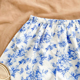 WYWH Conjunto de top y shorts holgados estilo vacacional de mujer con estampado floral en azul y blanco, con cuello halter, perfecto para la temporada de graduaciones y bodas