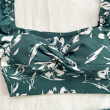 WYWH Top corto verde y blanco con diseno de flores y lunares suizos, retorcido en el frente con mangas abullonadas y atado en la espalda, y pantalones cortos para el ocio de las mujeres durante las vacaciones de verano