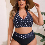 Swim Lushore Conjunto de traje de bano y bikini con estampado de lunares y cuello halter en talla grande con espalda descubierta y pantalones cortos de bano