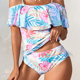 Swim Tankini con estampado tropical de plantas con ribete de volantes para mujer, ideal para vacaciones en la playa durante el verano