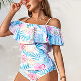 Swim Tankini con estampado tropical de plantas con ribete de volantes para mujer, ideal para vacaciones en la playa durante el verano