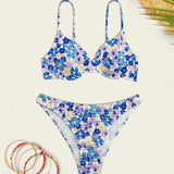 Swim Vcay Conjunto de bikini sexy de flores con cuello halter para mujer ideal para vacaciones, estampado aleatorio