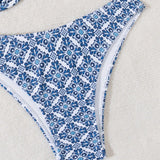 Conjunto de bikini de dos piezas sexy con estampado floral de playa de verano para mujeres - Tirantes cruzados en el cuello con lazo - Estampado aleatorio