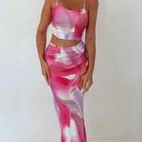 Aloruh Conjunto combinado colorido con estampado de verano para mujer con parte superior de tirantes y falda midi