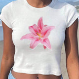 Camiseta corta con estampado de flores de lirio Y2K para mujer, ideal para verano