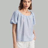 Ontre Camisa casual de verano para mujer, de color azul solido, con manga abullonada y cuello redondo