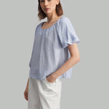 Ontre Camisa casual de verano para mujer, de color azul solido, con manga abullonada y cuello redondo