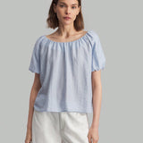 Ontre Camisa casual de verano para mujer, de color azul solido, con manga abullonada y cuello redondo