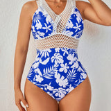 Swim Lushore Traje de bano de una pieza tipo monokini con encaje entrecruzado en la espalda y estampado de plantas tropicales para mujeres, ideal para vacaciones