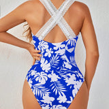 Swim Lushore Traje de bano de una pieza tipo monokini con encaje entrecruzado en la espalda y estampado de plantas tropicales para mujeres, ideal para vacaciones