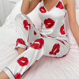 Conjunto de pijama de camiConjuntoa de tirantes y pantalones largos con estampado de labios con textura similar a la seda