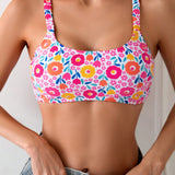 Swim Top de bikini estampado floral diminuto para mujeres en la playa durante el verano