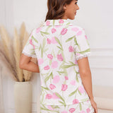 Conjunto de pijama de mujer con estampado de tulipanes de manga corta y pantalones cortos