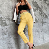 Prive Pantalon para mujeres de moda con unicolor, cintura alta, corte recto y casual