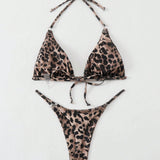 NEW Conjunto de bikini para mujer con estampado de leopardo en la playa de verano, con corbata en el cuello y diseno impreso al azar