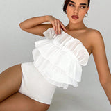 Aloruh Body elegante para fiestas de ajuste delgado en color blanco para mujer con decoracion de flores 3D y diseno transparente
