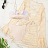 NEW Dazy-Less Conjunto de bikini de cuatro piezas para mujer de unicolor con enlace circular para la playa en verano, que incluye camisa de manga larga y cubierta de falda a Set