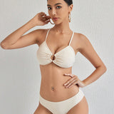 NEW Dazy-Less Conjunto de bikini de cuatro piezas para mujer de unicolor con enlace circular para la playa en verano, que incluye camisa de manga larga y cubierta de falda a Set