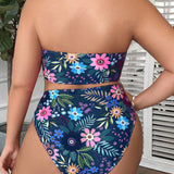 Swim Curve Conjunto de bikini sexy bandeau impreso con planta tropical para mujer de talla talla grande