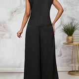 Lady Conjunto de ropa para mujer con parte superior negra sin mangas de cuello alto y pantalones plisados, ideal para el verano