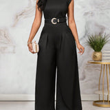 Lady Conjunto de ropa para mujer con parte superior negra sin mangas de cuello alto y pantalones plisados, ideal para el verano