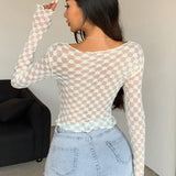 DAZY Blusa transparente de malla floral para mujer con corte ajustado, gran escote redondo y mangas largas