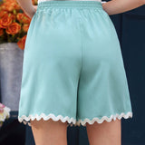 DECDS Shorts vintage para mujeres, estilo primavera/verano, pantalones anchos de encaje de ganchillo con bloques de color azul y conjuntos de trajes de mujer