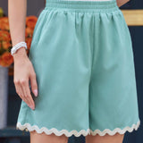 DECDS Shorts vintage para mujeres, estilo primavera/verano, pantalones anchos de encaje de ganchillo con bloques de color azul y conjuntos de trajes de mujer