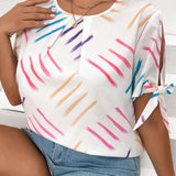 Camisa de manga corta con cuello redondo y estampado de amarre completo para mujer de a grande