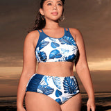 VCAY Set de bikini casual impreso con plantas tropicales para mujer de talla grande para verano en la playa