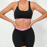 1 pieza de conjunto de sujetador deportivo y leggings con diseno elastico con impresion de letra rosa