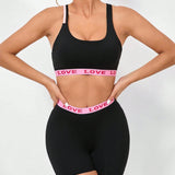 1 pieza de conjunto de sujetador deportivo y leggings con diseno elastico con impresion de letra rosa