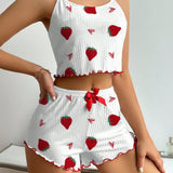 Conjunto de ropa de hogar con estampado de fresas de camisola y pantalones cortos