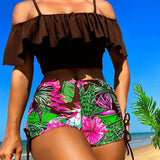 Swim Vcay Conjunto de camisola con ribete de volantes de color solido para playa de verano con tanque de tubo estampado y de cintura alta