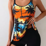 Swim Lushore Conjunto de top cami impreso con paisaje marino de arbol de coco y tankini de cintura alta de unicolor