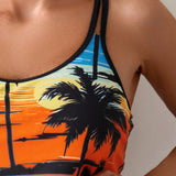 Swim Lushore Conjunto de top cami impreso con paisaje marino de arbol de coco y tankini de cintura alta de unicolor