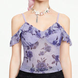 ROMWE Fairycore Blusa morada de mujer con estampado floral de verano, corte de hombros descubiertos y ribete de volantes