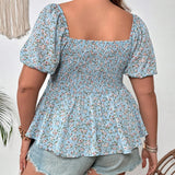 Tamano grande de vacaciones romanticas estampado floral Ditsy Blusa con mangas abullonadas y cintura adherida