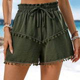 LUNE Pantalones cortos de playa minimalistas de unicolor con borlas para mujeres de vacaciones de verano