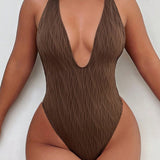 VCAY Traje de bano de una pieza sexy para mujer con espalda baja y escote pronunciado en unicolor para playa de verano