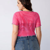 LOONEY TUNES   Blusa Plus Size de punto de malla con estampado tie-dye rosado, coo y fresco con bordes de bloque de colores, divertido estampado de conejo de dibujos animados, verano