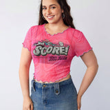 LOONEY TUNES   Blusa Plus Size de punto de malla con estampado tie-dye rosado, coo y fresco con bordes de bloque de colores, divertido estampado de conejo de dibujos animados, verano