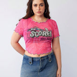 LOONEY TUNES   Blusa Plus Size de punto de malla con estampado tie-dye rosado, coo y fresco con bordes de bloque de colores, divertido estampado de conejo de dibujos animados, verano