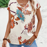 Blusa de manga corta con cuello en V y estampado de verano para mujer